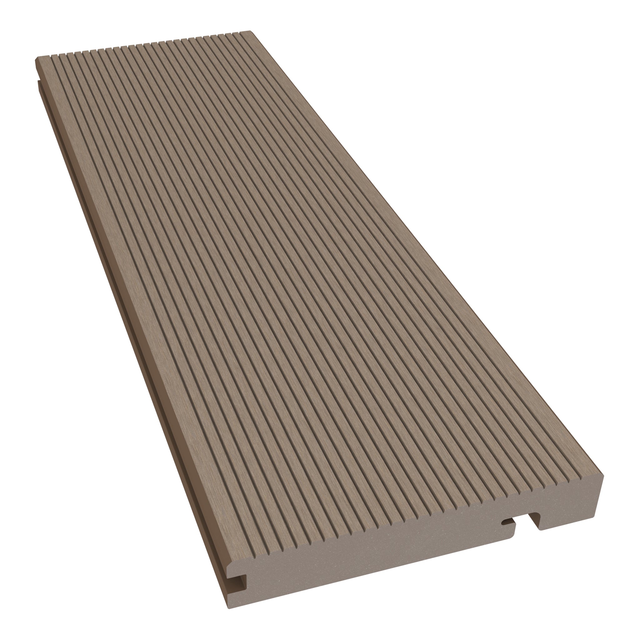 NeoTimber Classic Grooved Composite Decking Edge Board – Teak – Non-FSC Clearance – Angled Close-Up