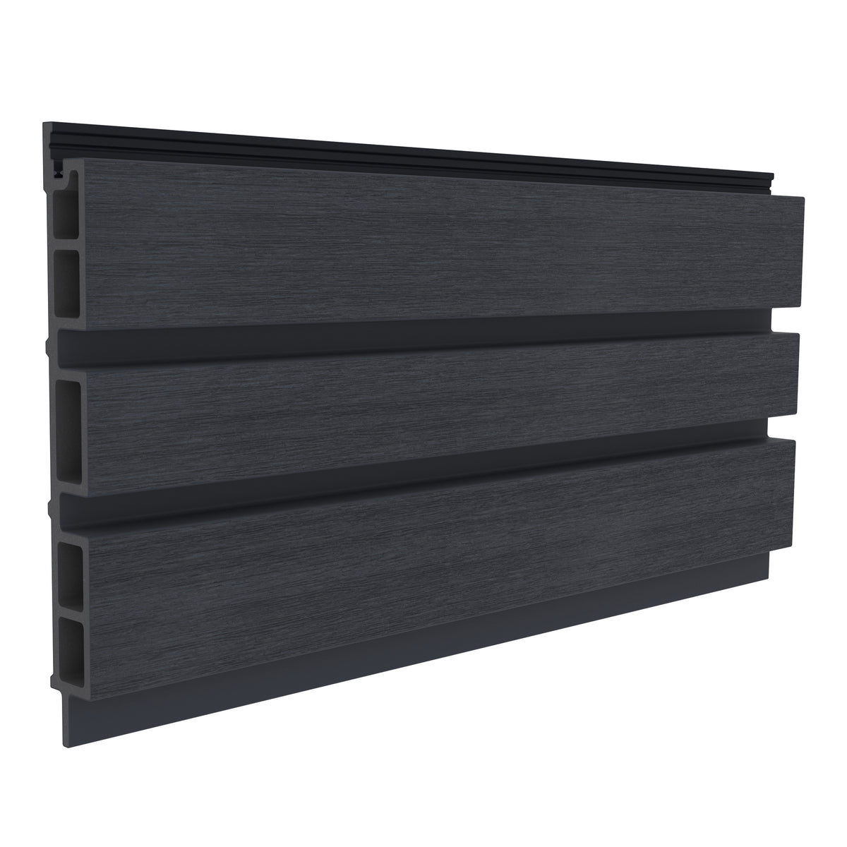 Angled close-up of a Charcoal NeoTimber board and batten cladding board