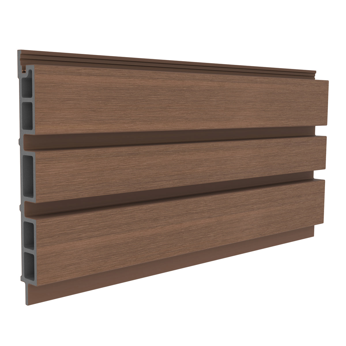 Angled close-up of NeoTimber board and batten composite cladding in Teak