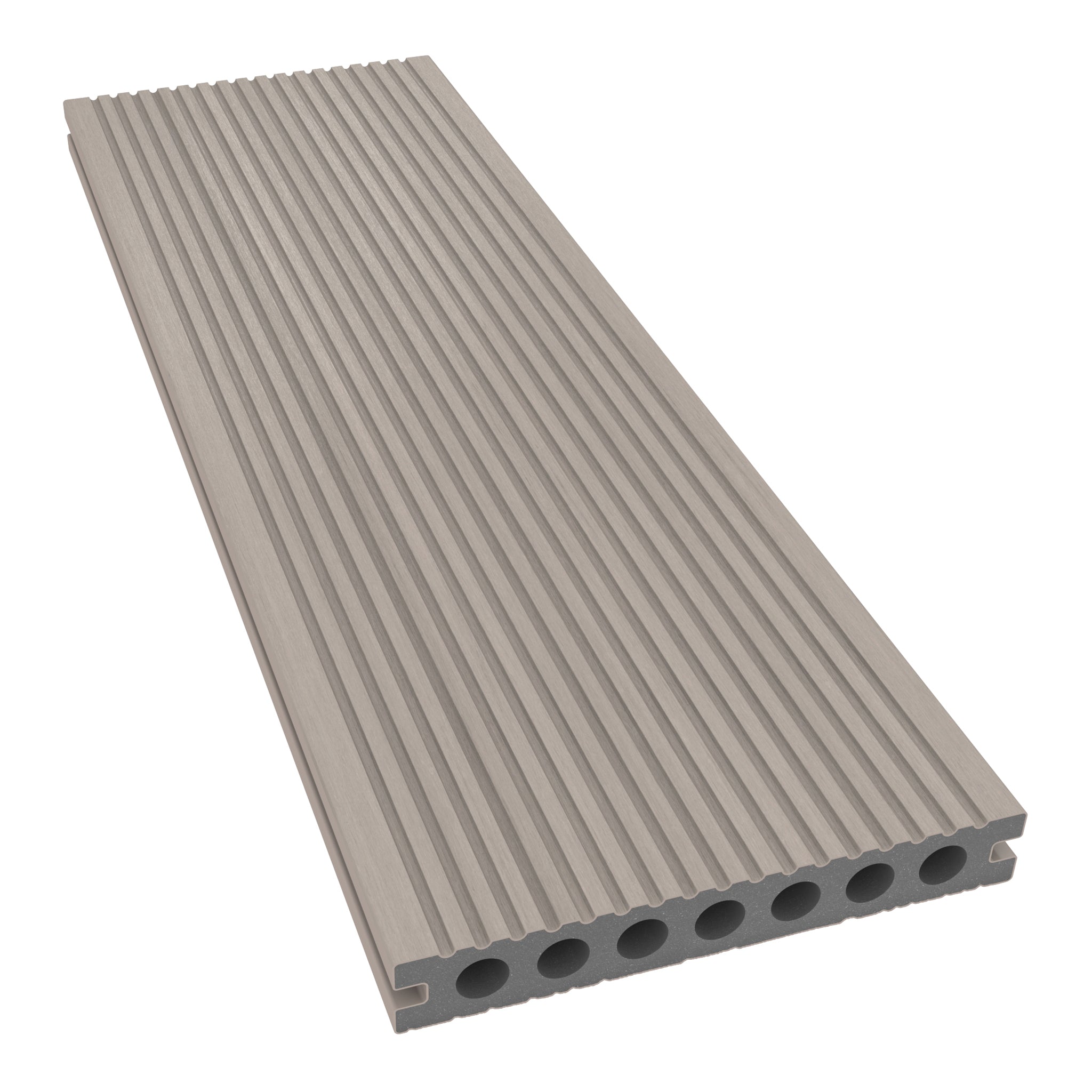 NeoTimber Deluxe Hollow Composite Deck Board – Ash White – Angled Close-Up - Grooved