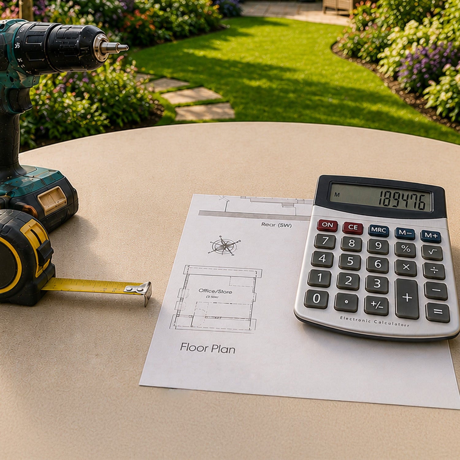 neotimber calculator, drill, and measuring tape on a table with a floor plan in a garden setting