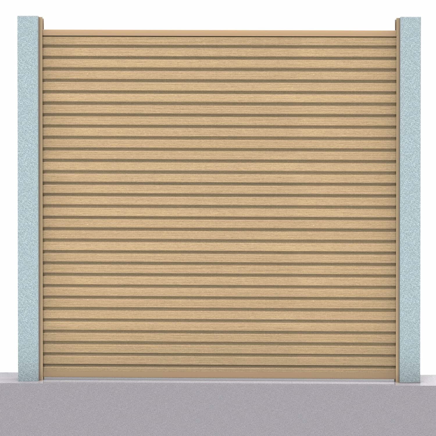 Slatted composite fence panel set in oak with concrete post inserts