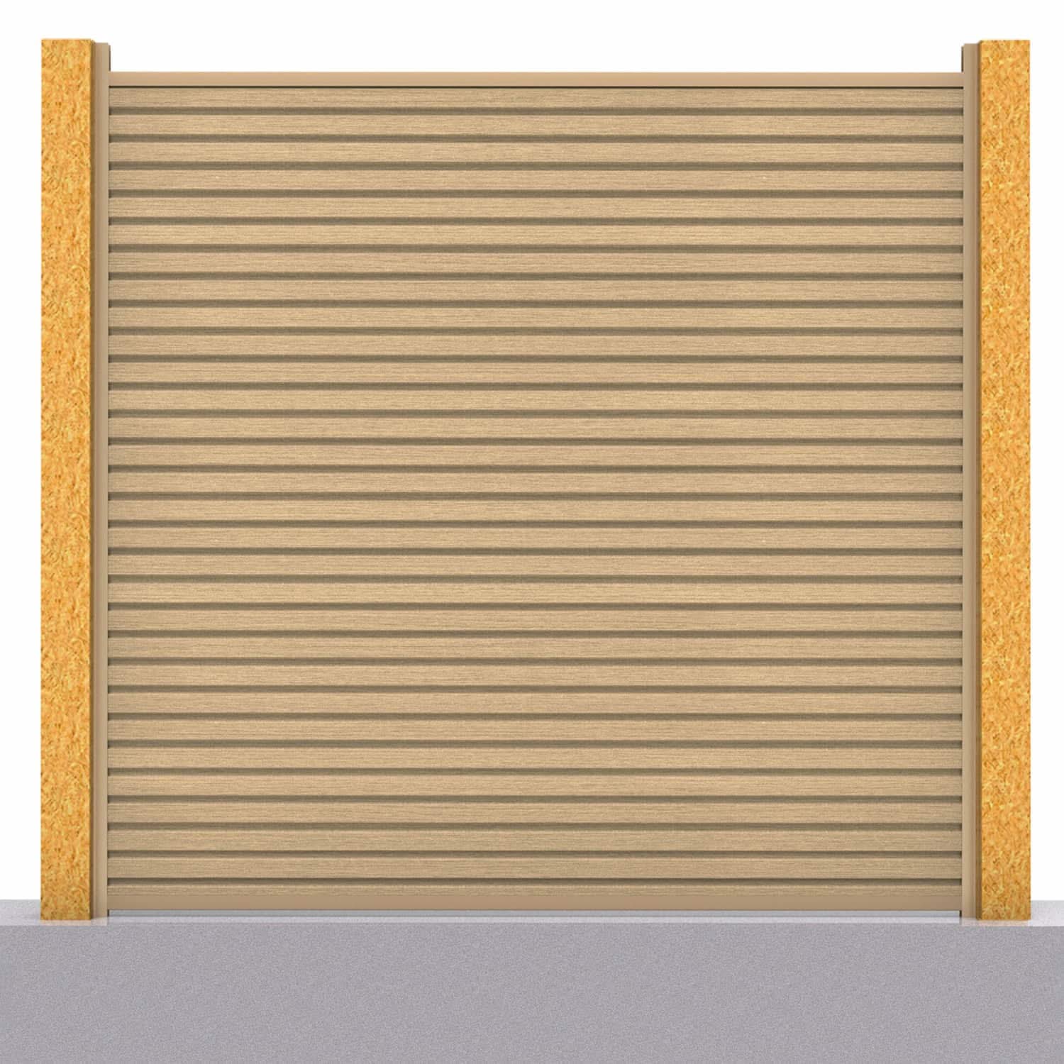 Slatted composite fence panel set in oak with wooden post inserts