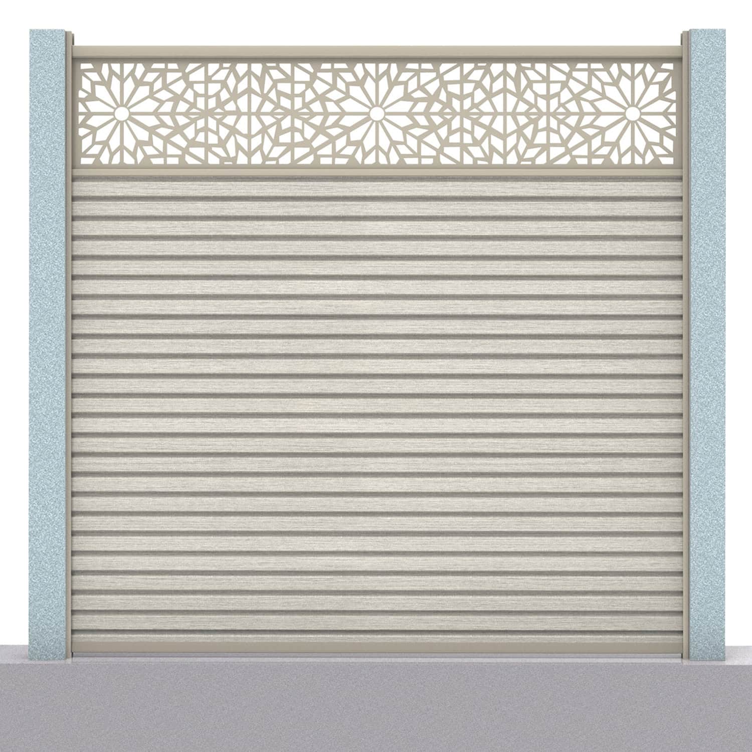 Slatted composite fence panel set - geometric design in ash white with concrete post inserts