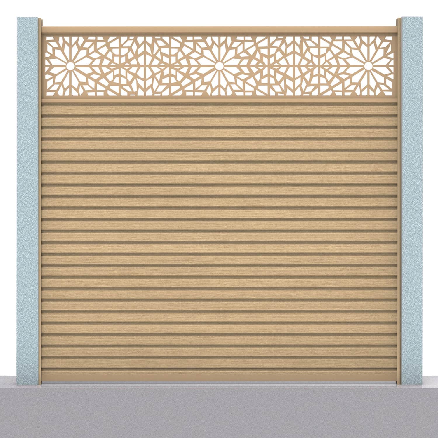 Slatted composite fence panel set - geometric design in oak with concrete post inserts