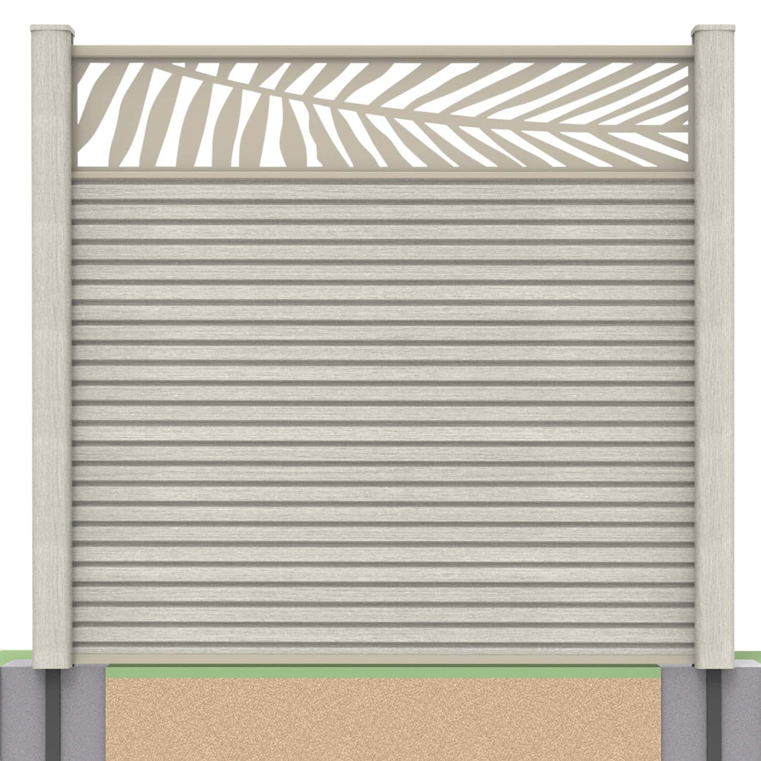 Slatted composite fence panel set - leaf design in ash white with soft ground post inserts