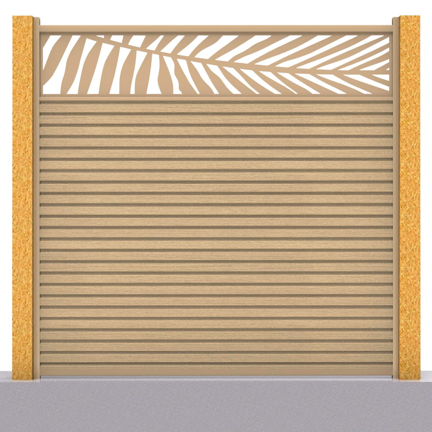Slatted composite fence panel set - leaf design in oak with wooden post inserts