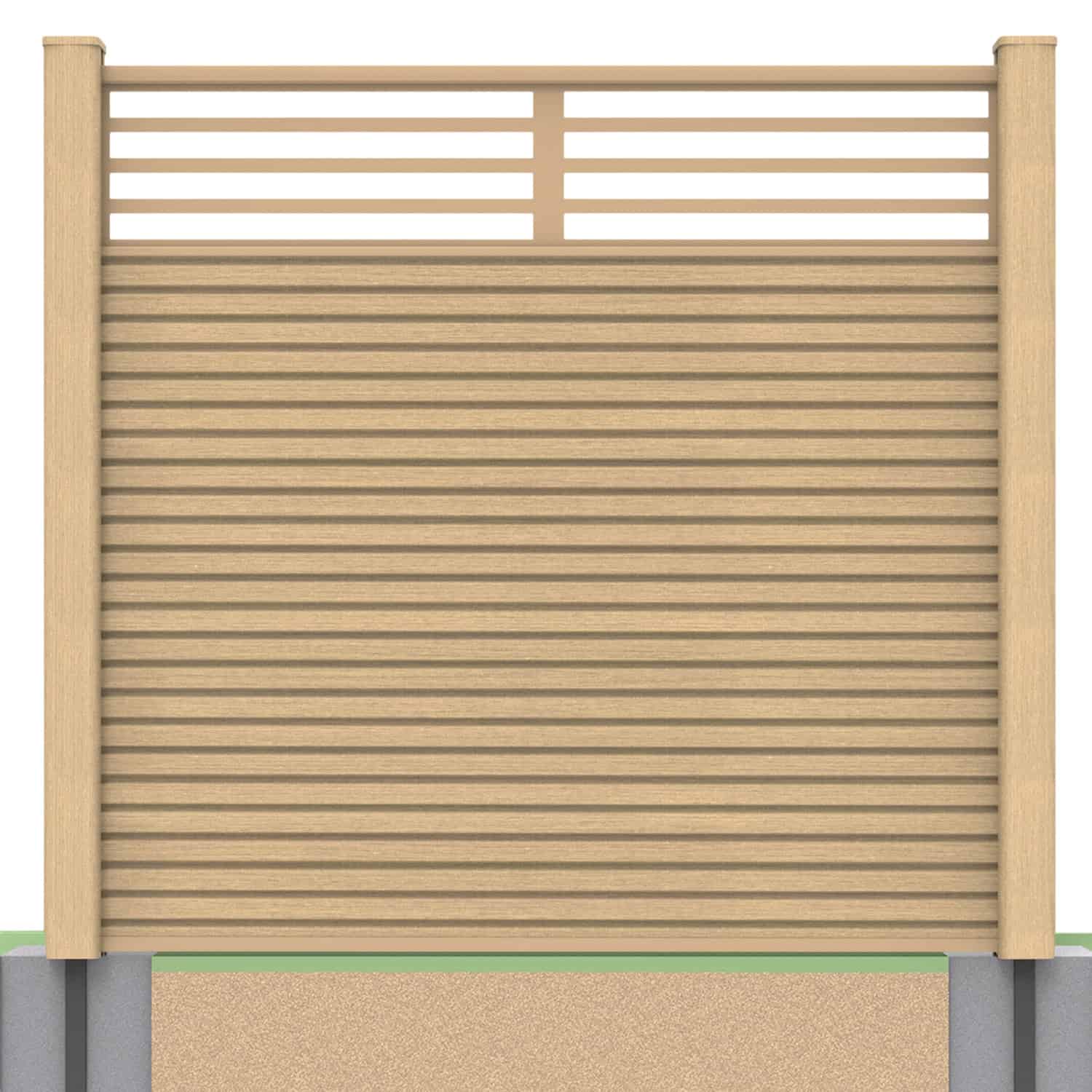 Slatted composite fence panel set - linear design in oak with soft ground post inserts
