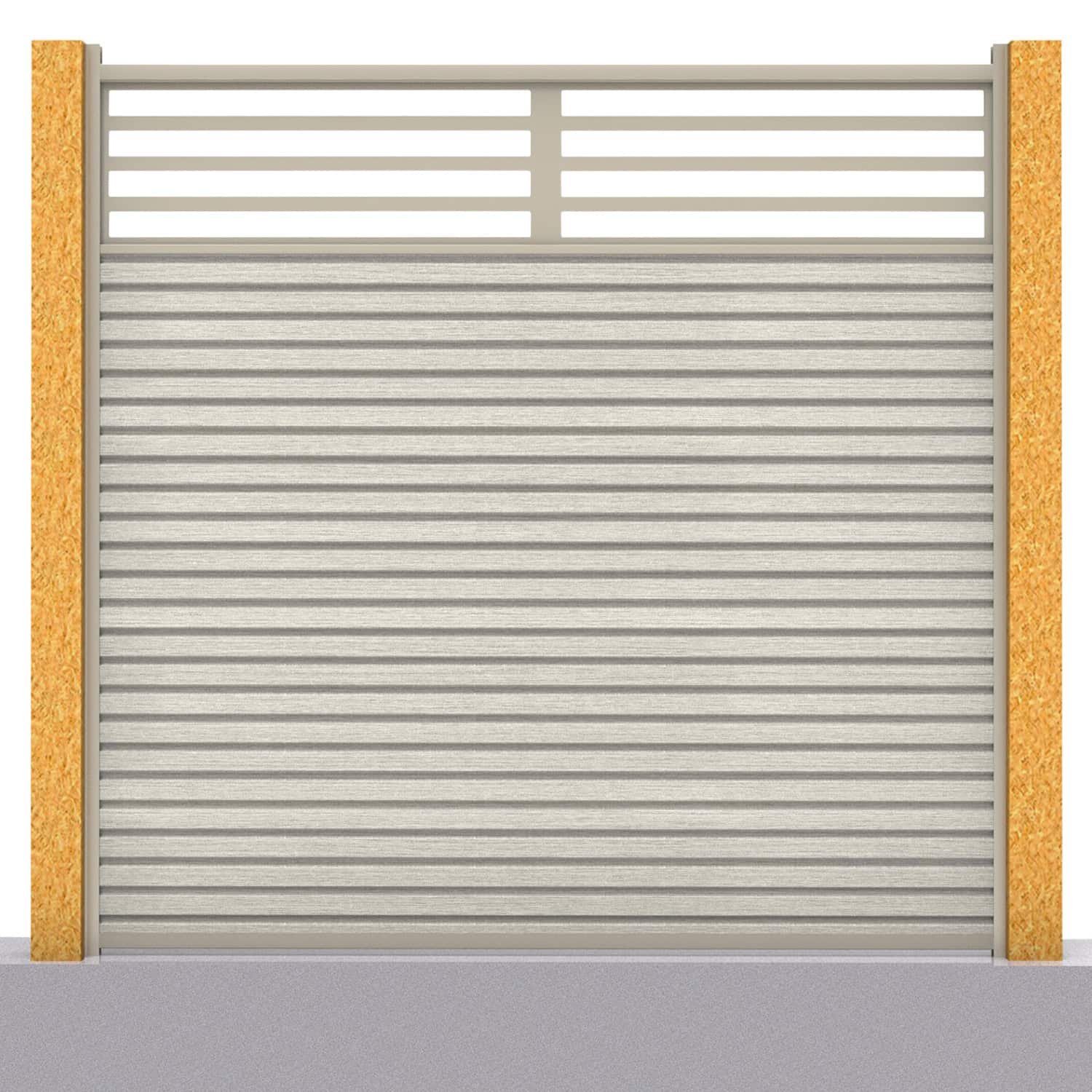 Slatted composite fence panel set - linear design in ash white with wooden post inserts