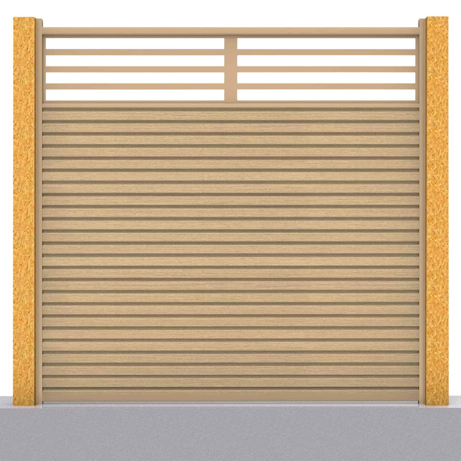 Slatted composite fence panel set - linear design in oak with wooden post inserts