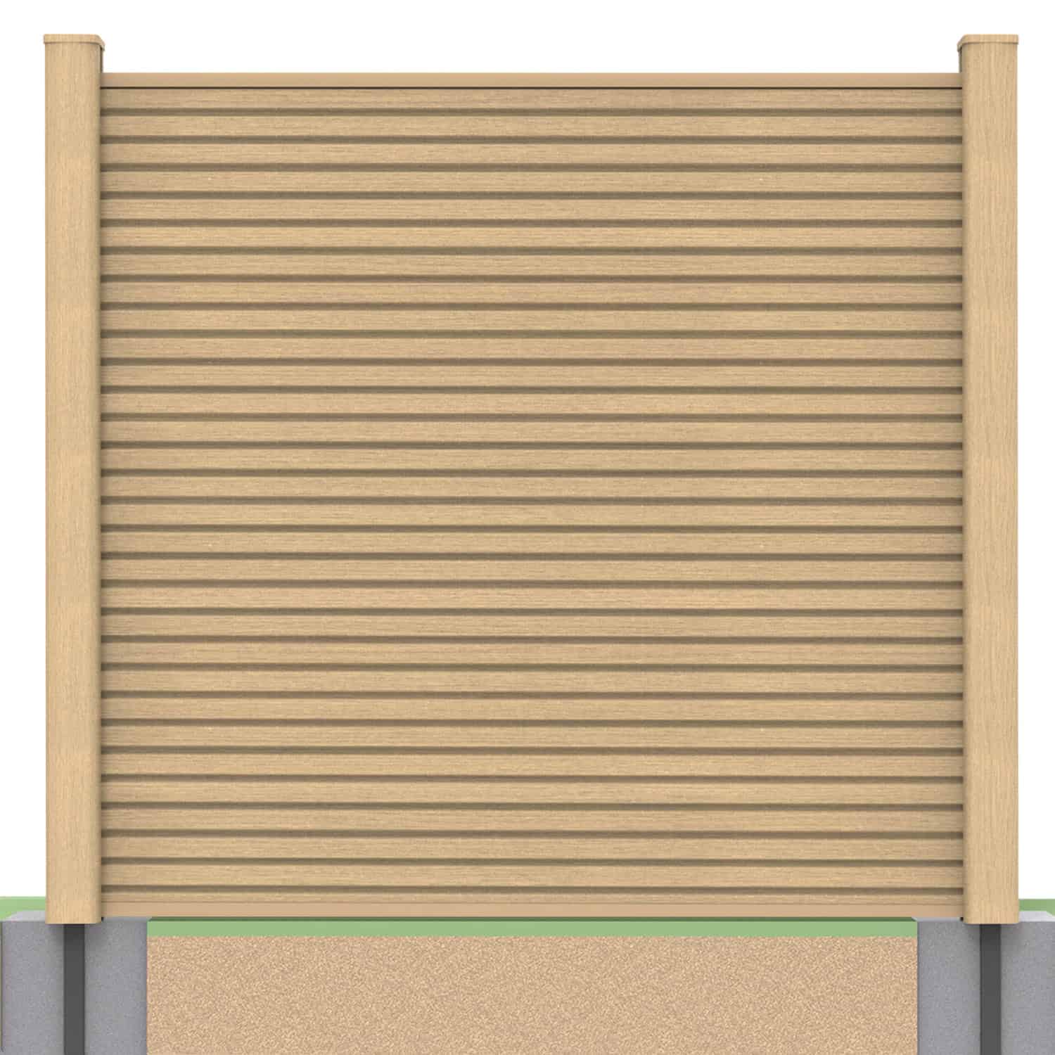 Slatted composite fence panel set in oak with soft ground post inserts