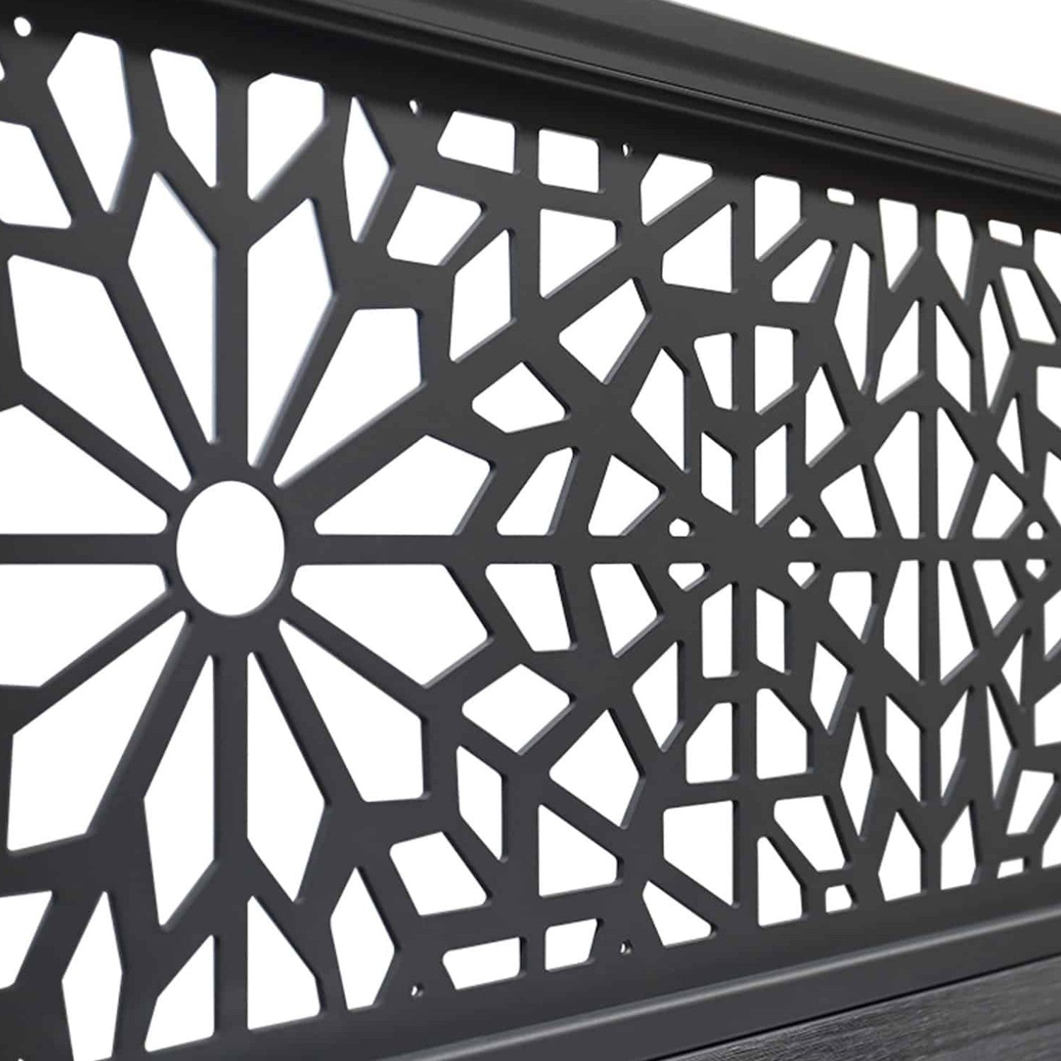 NeoTimber® Slatted Composite Fence Panel Set with Geometric Screen – Aluminium Finish