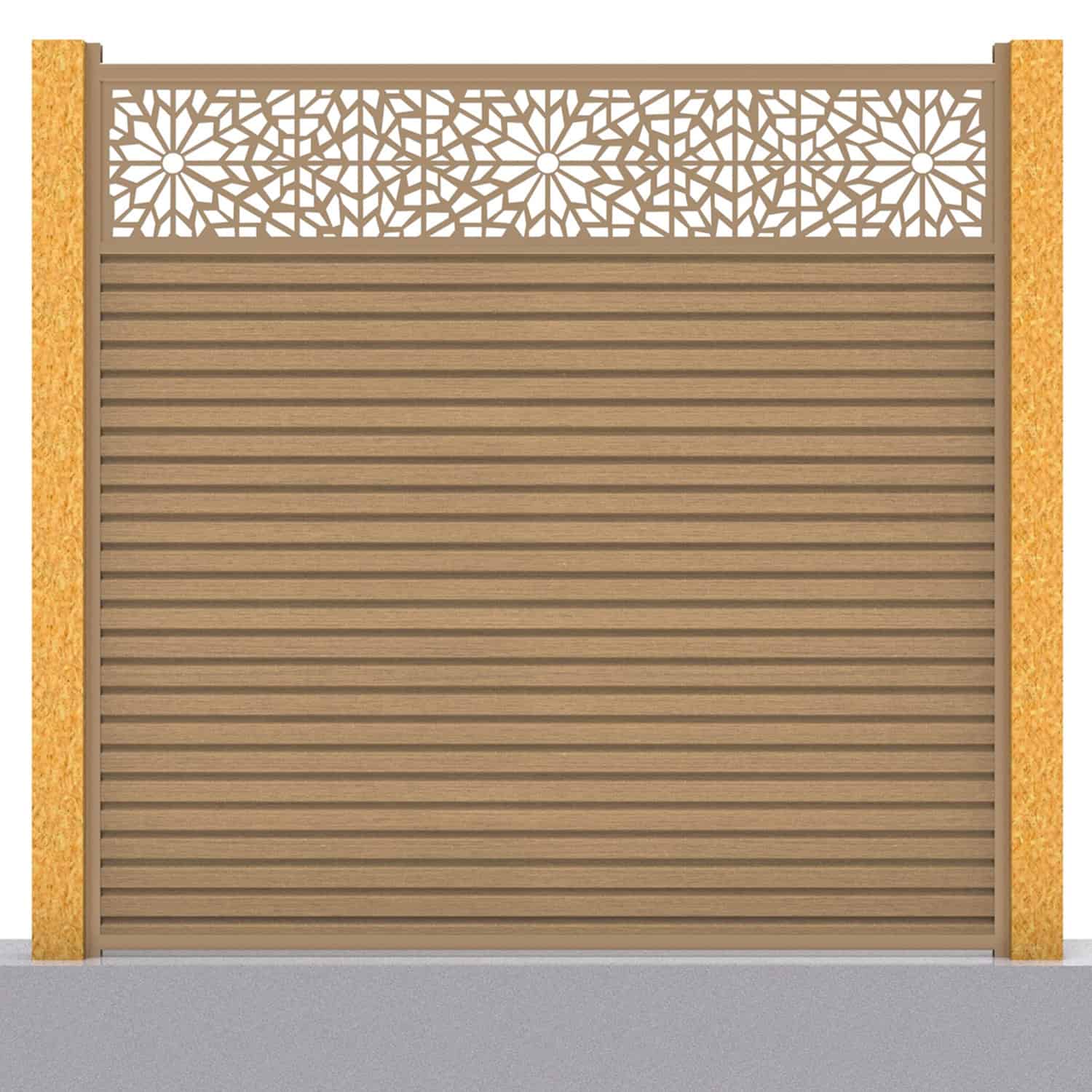 Slatted composite fence panel set - geometric design in teak with hard wooden inserts