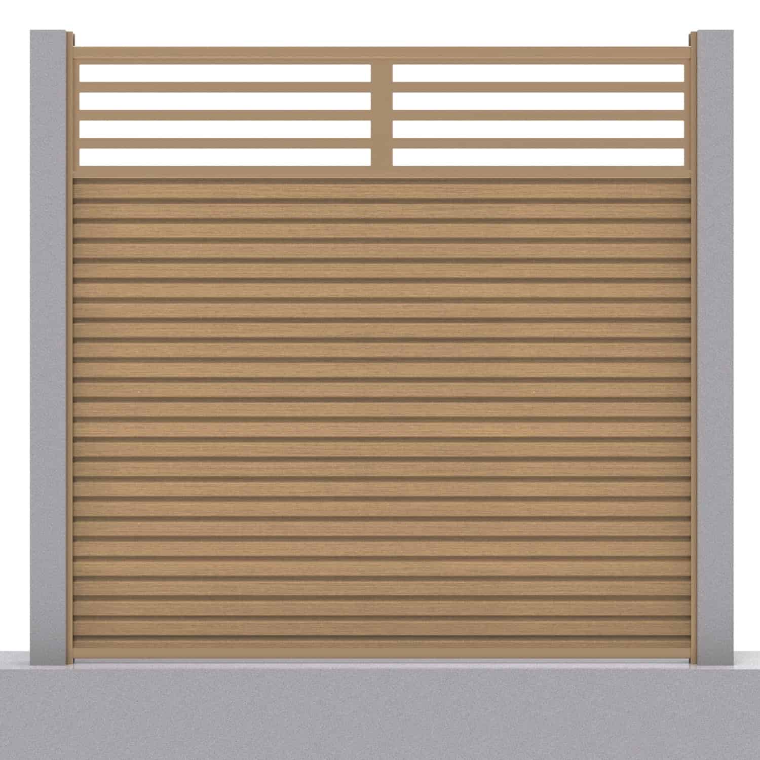 Slatted composite fence panel set - linear design in teak with concrete post inserts