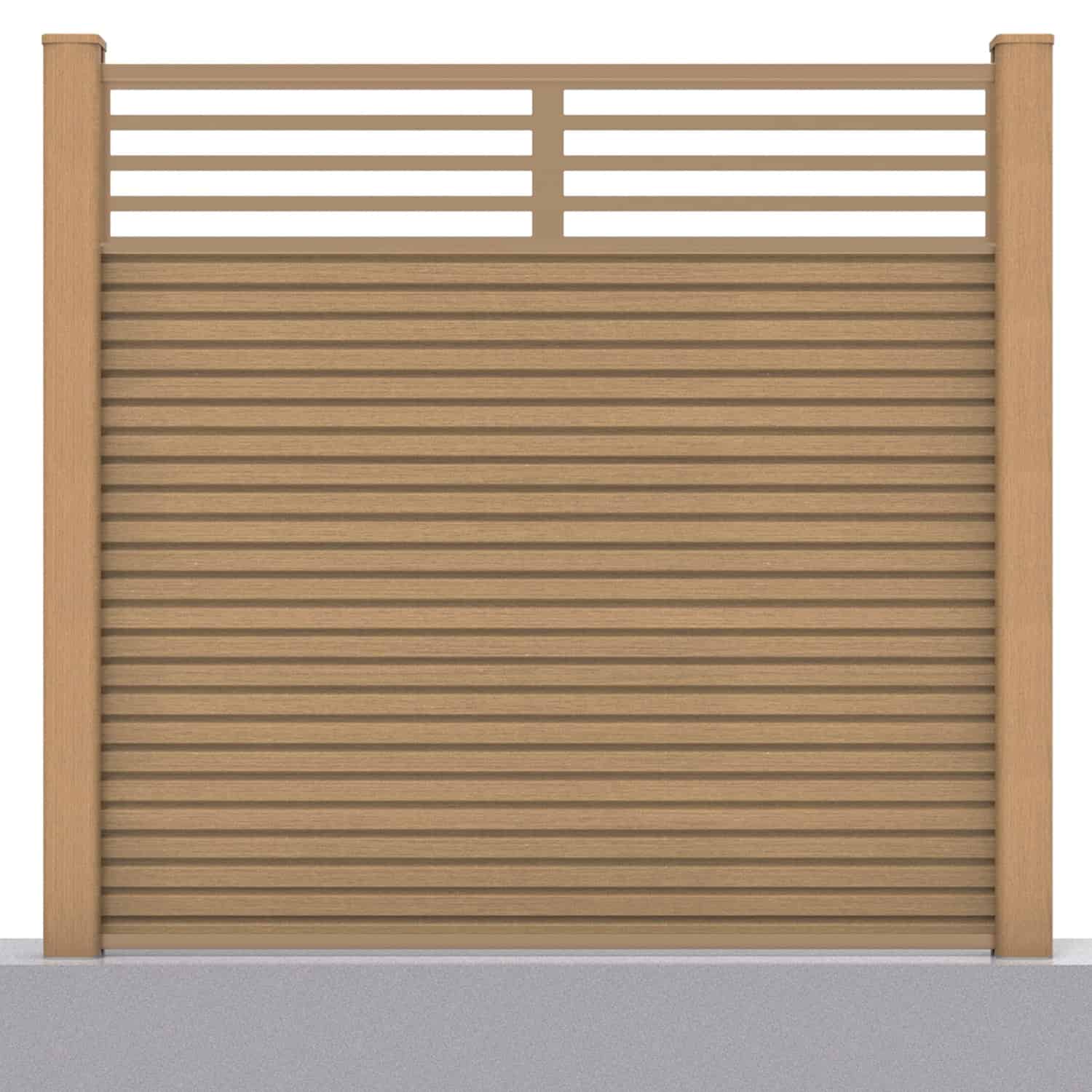 Slatted composite fence panel set - linear design in teak with hard ground post inserts
