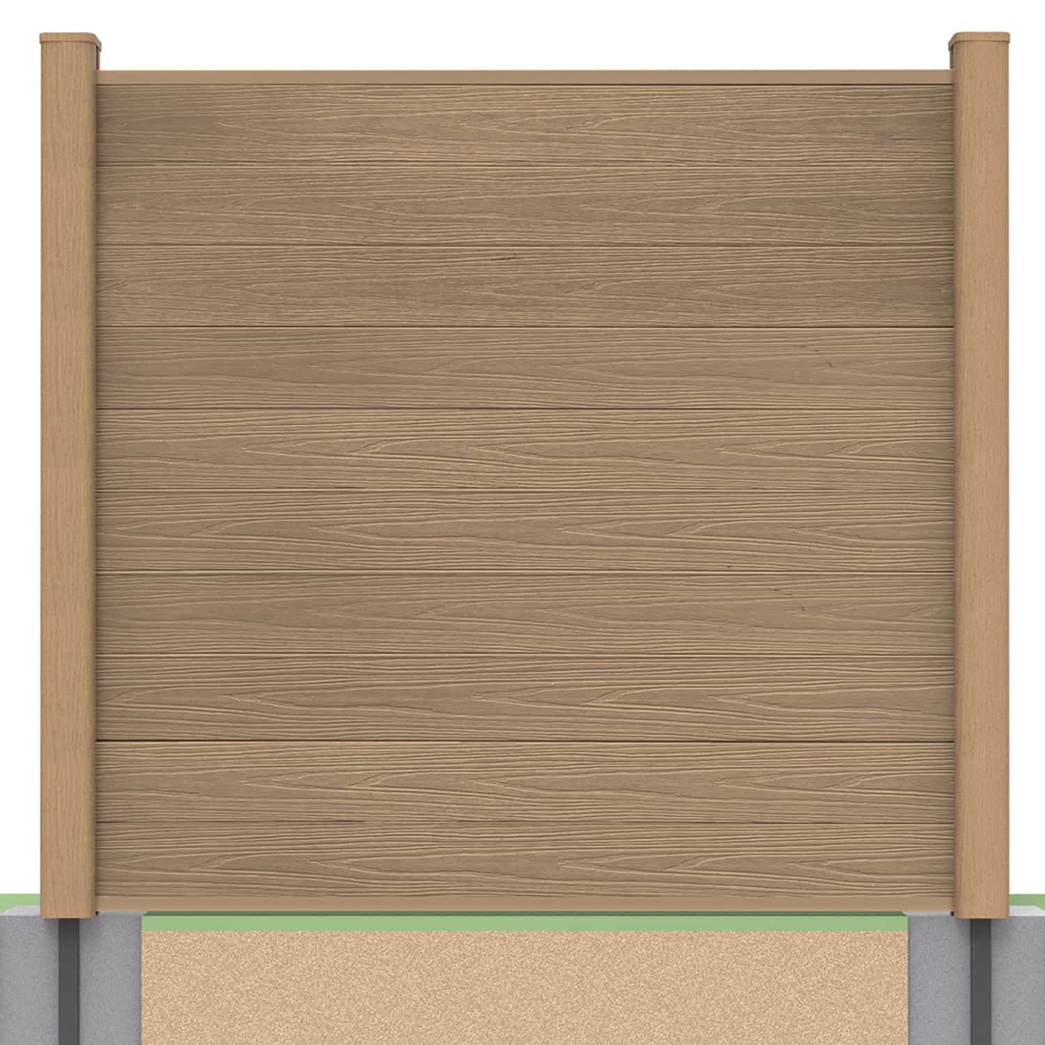 Deluxe composite fence panel set in teak with soft ground post inserts