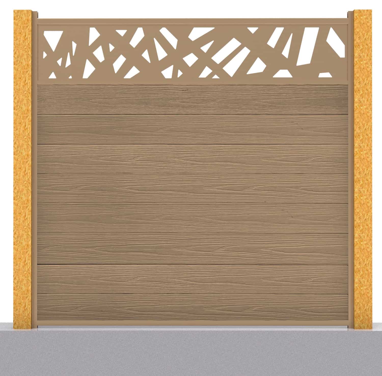 Deluxe composite fence panel set - contemporary design in teak with wooden post inserts