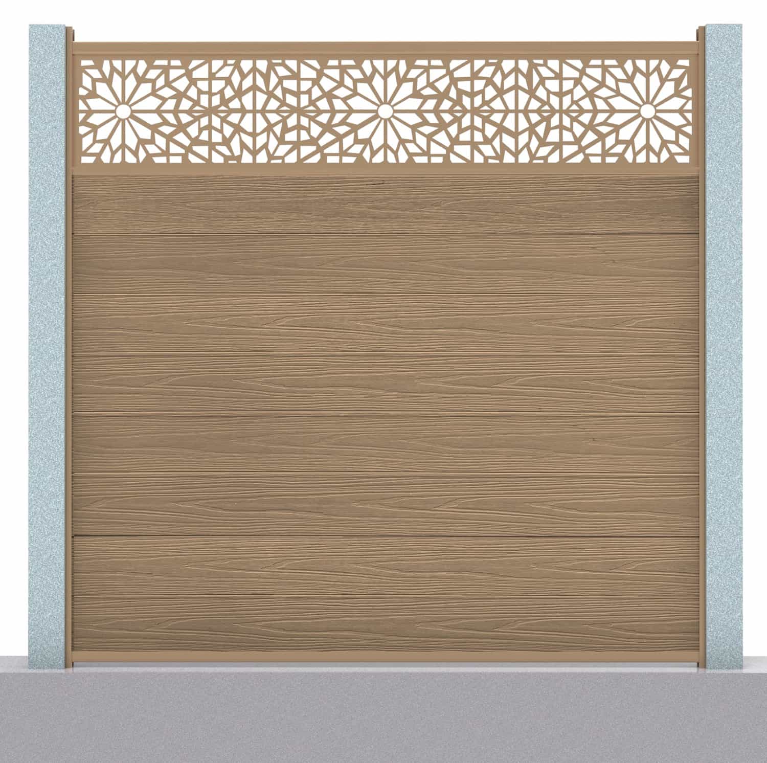 Deluxe composite fence panel set - geometric design in teak with concrete post inserts