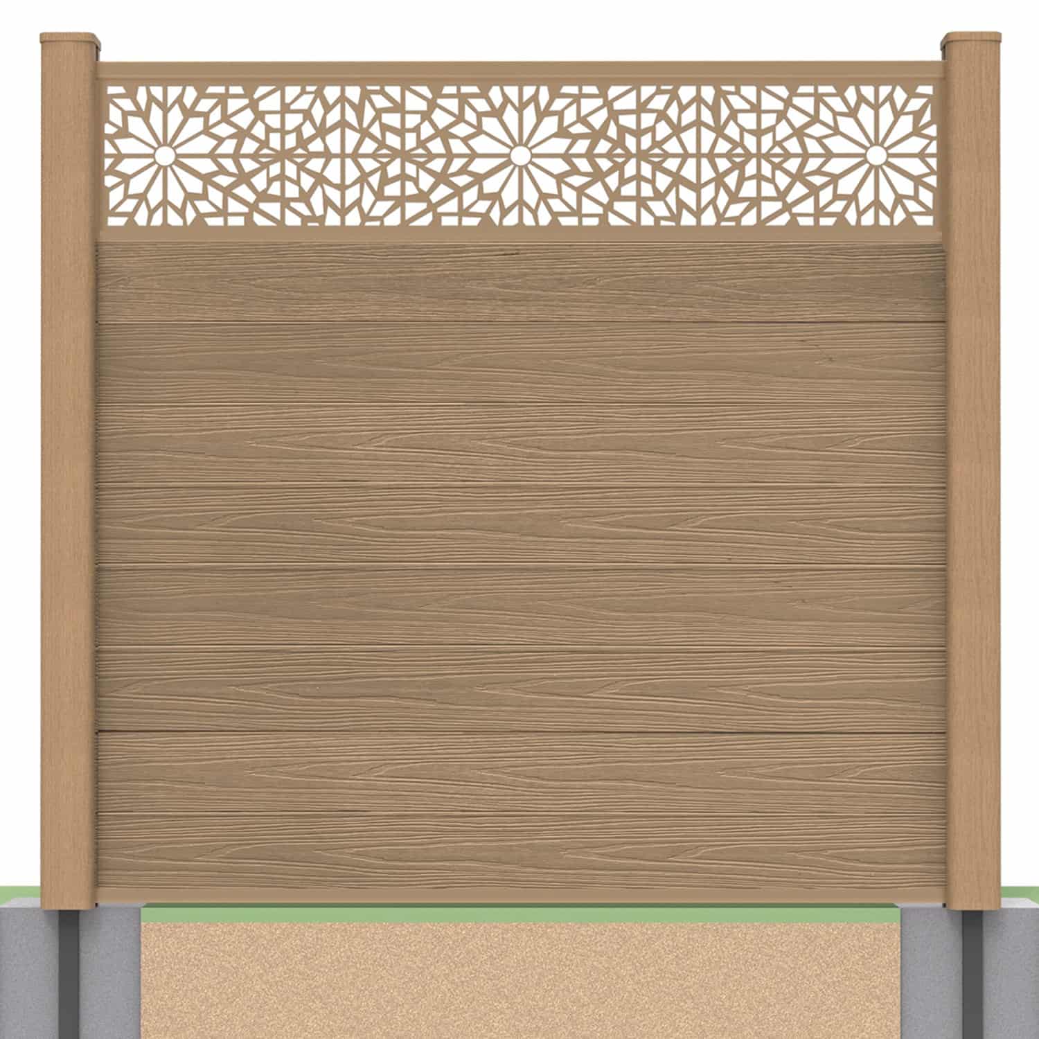 Deluxe composite fence panel set - geometric design in teak with soft ground post inserts