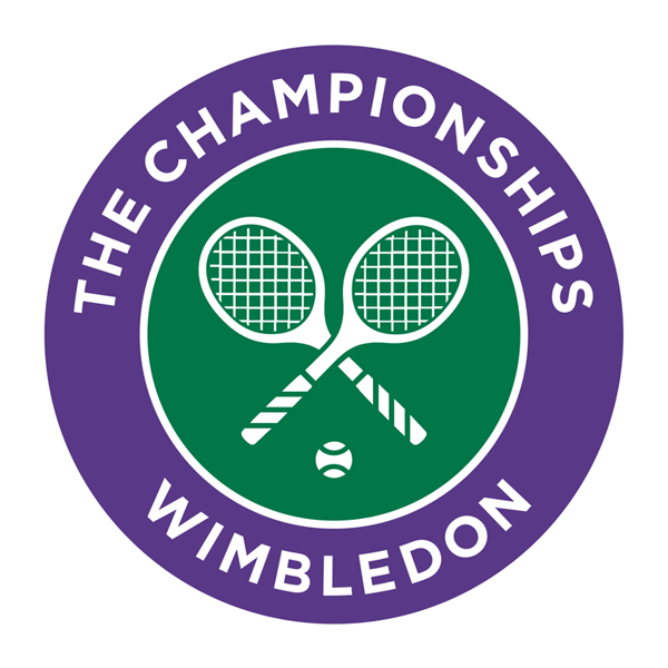 Wimbledon logo with crossed rackets and a ball on a green background