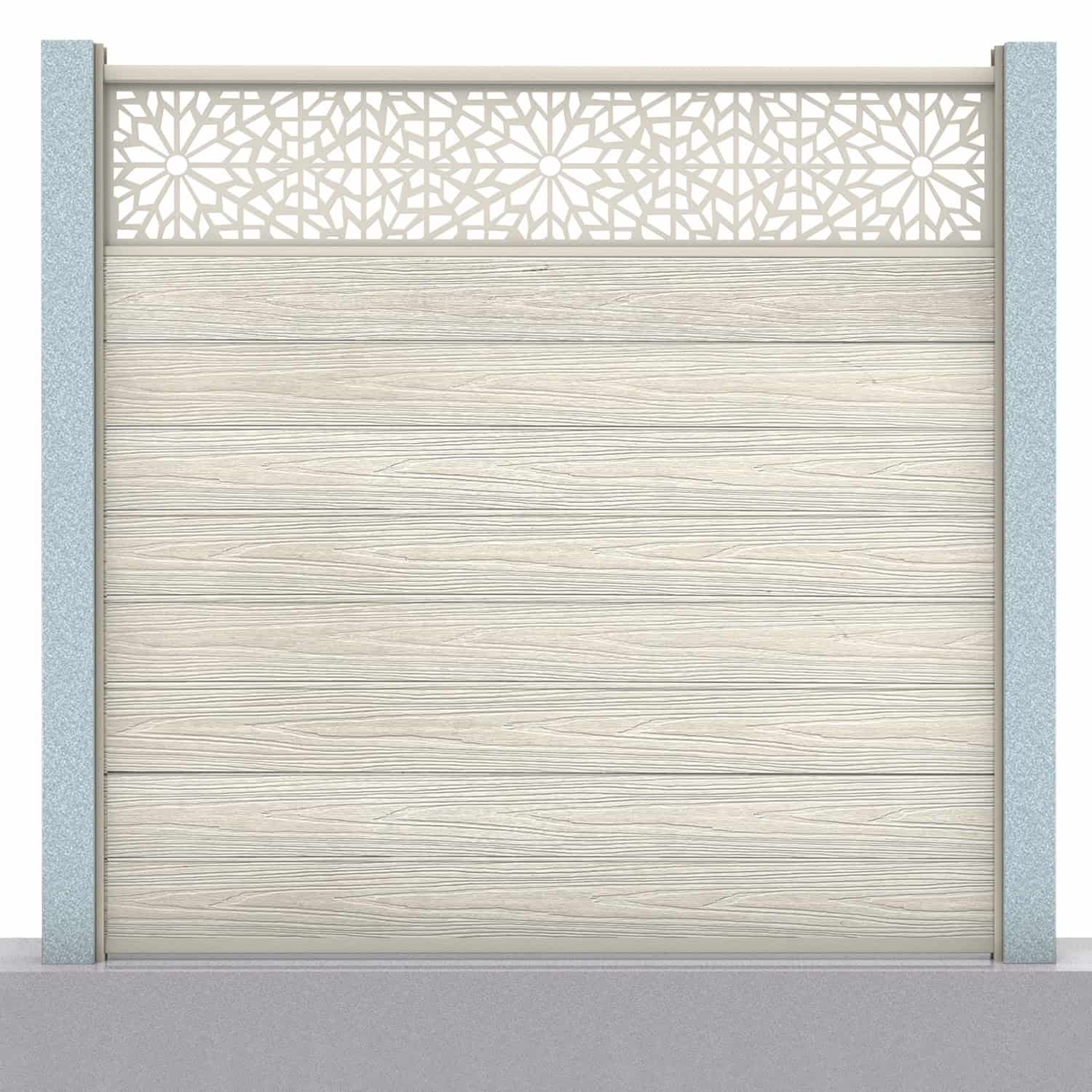 Deluxe composite fence panel set - geometric design in ash white with concrete post inserts