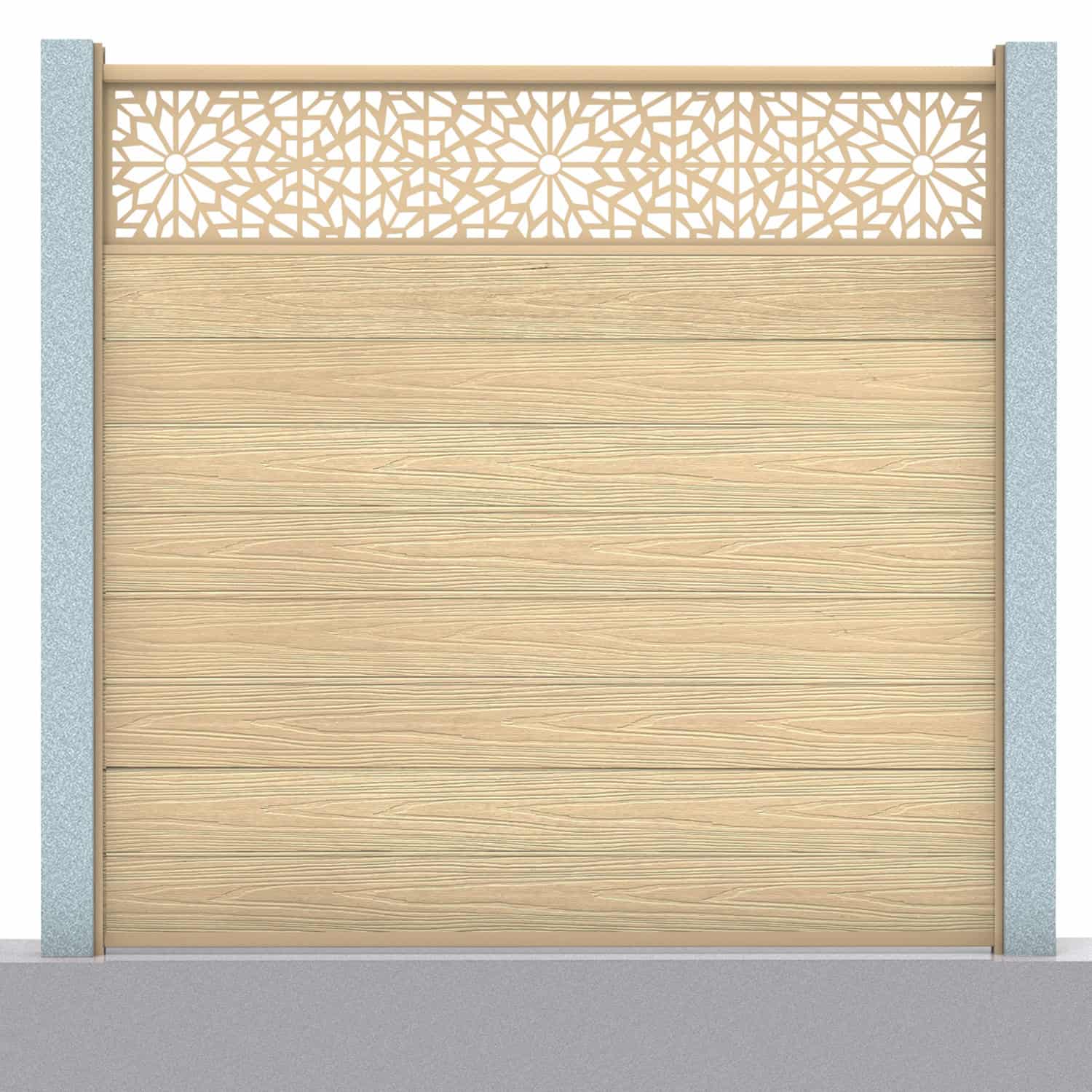 Deluxe composite fence panel set - geometric design in oak with concrete post inserts
