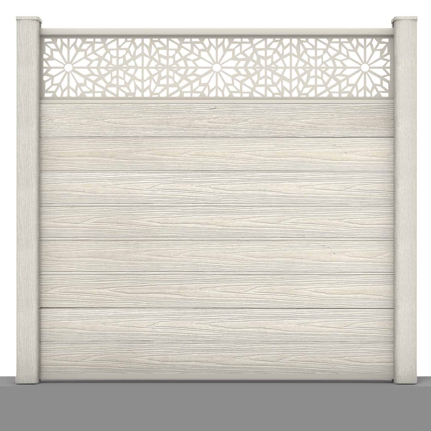 Deluxe composite fence panel set - geometric design in ash white with hard ground post inserts