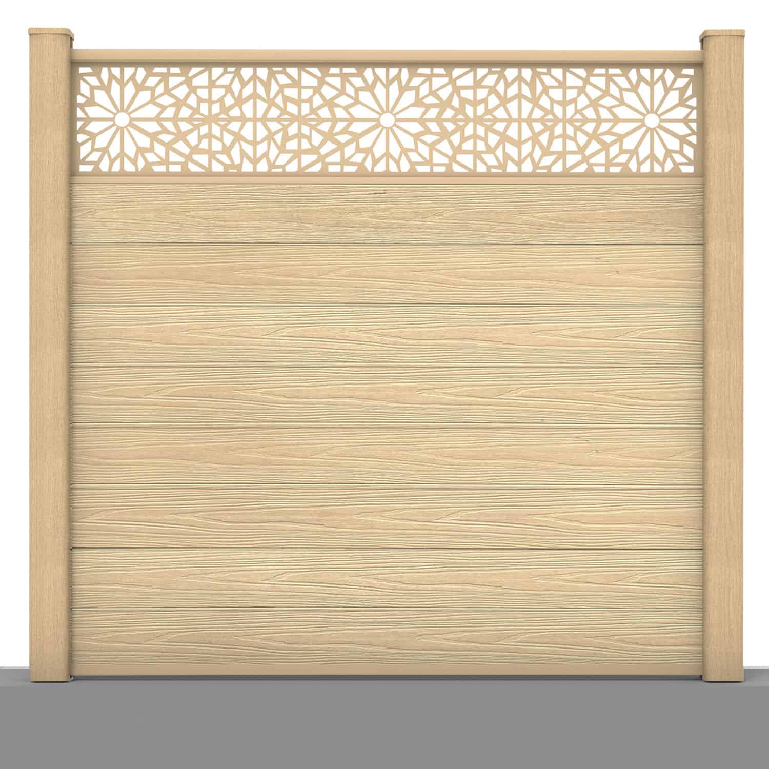 Deluxe composite fence panel set - geometric design in oak with hard ground post inserts
