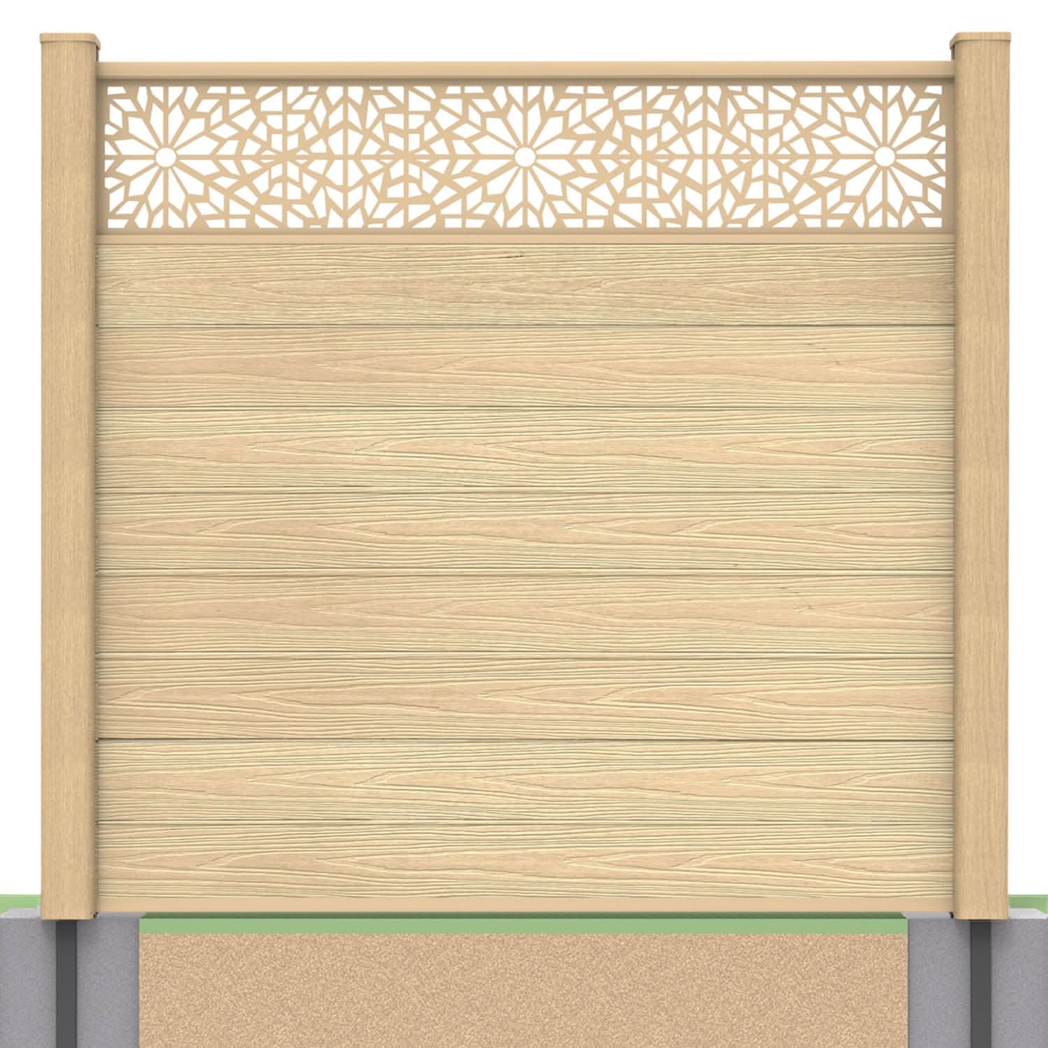 Deluxe composite fence panel set - geometric design in oak with soft ground post inserts