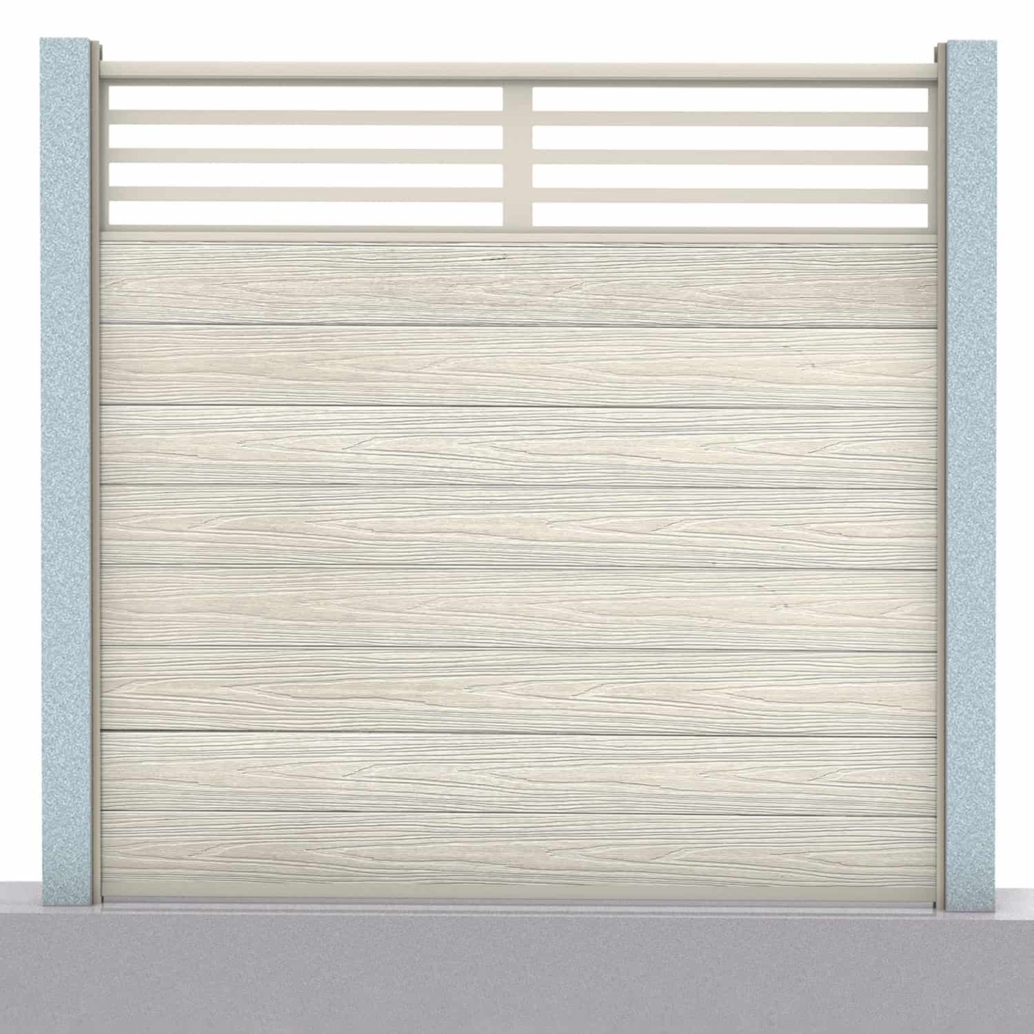 Deluxe composite fence panel set - linear design in ash white with concrete post inserts