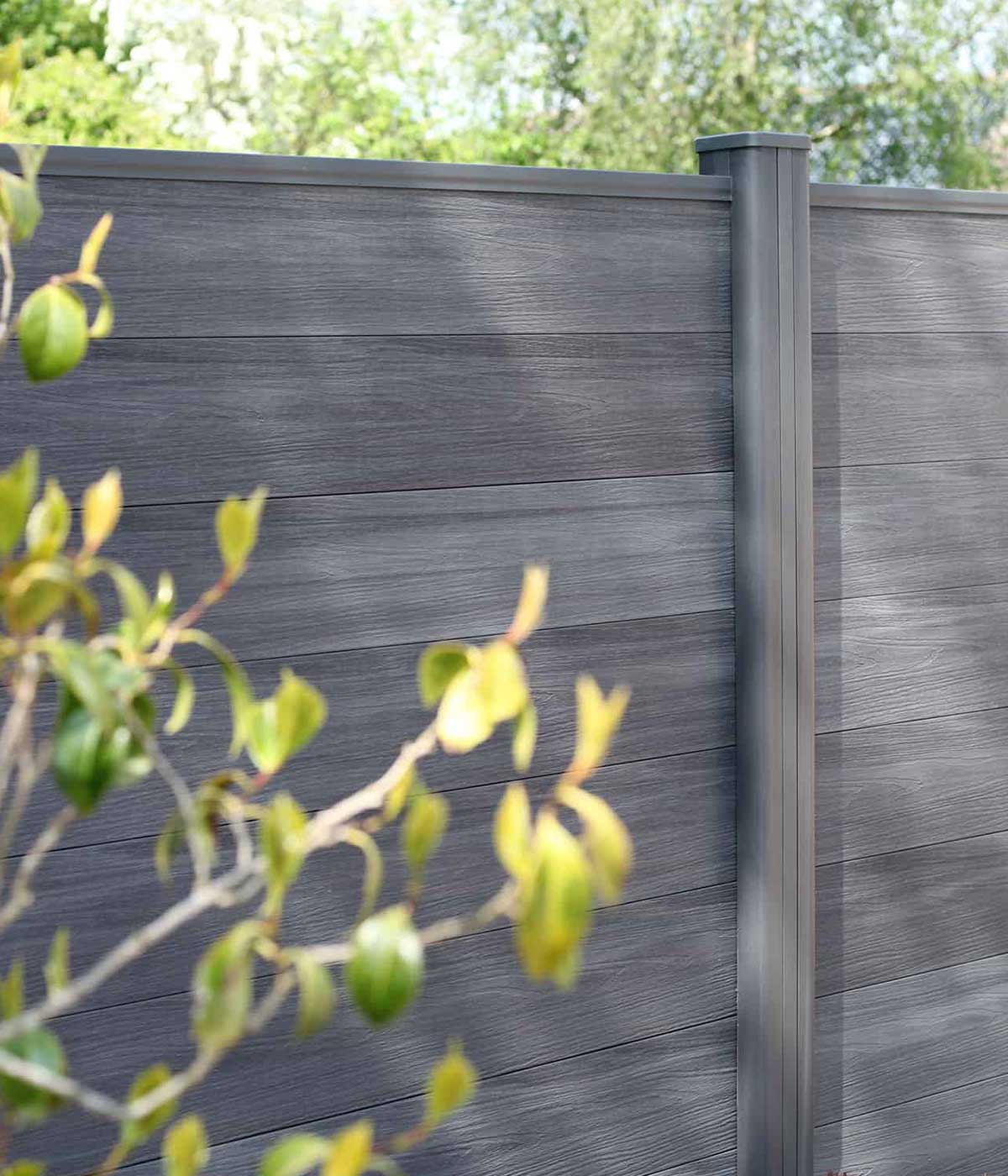 grey woodgrain composite fencing with matching grey composite fence posts