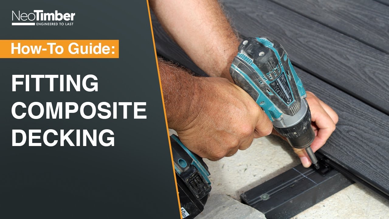 person fitting composite decking with a drill, promotional image for NeoTimber how-to guide