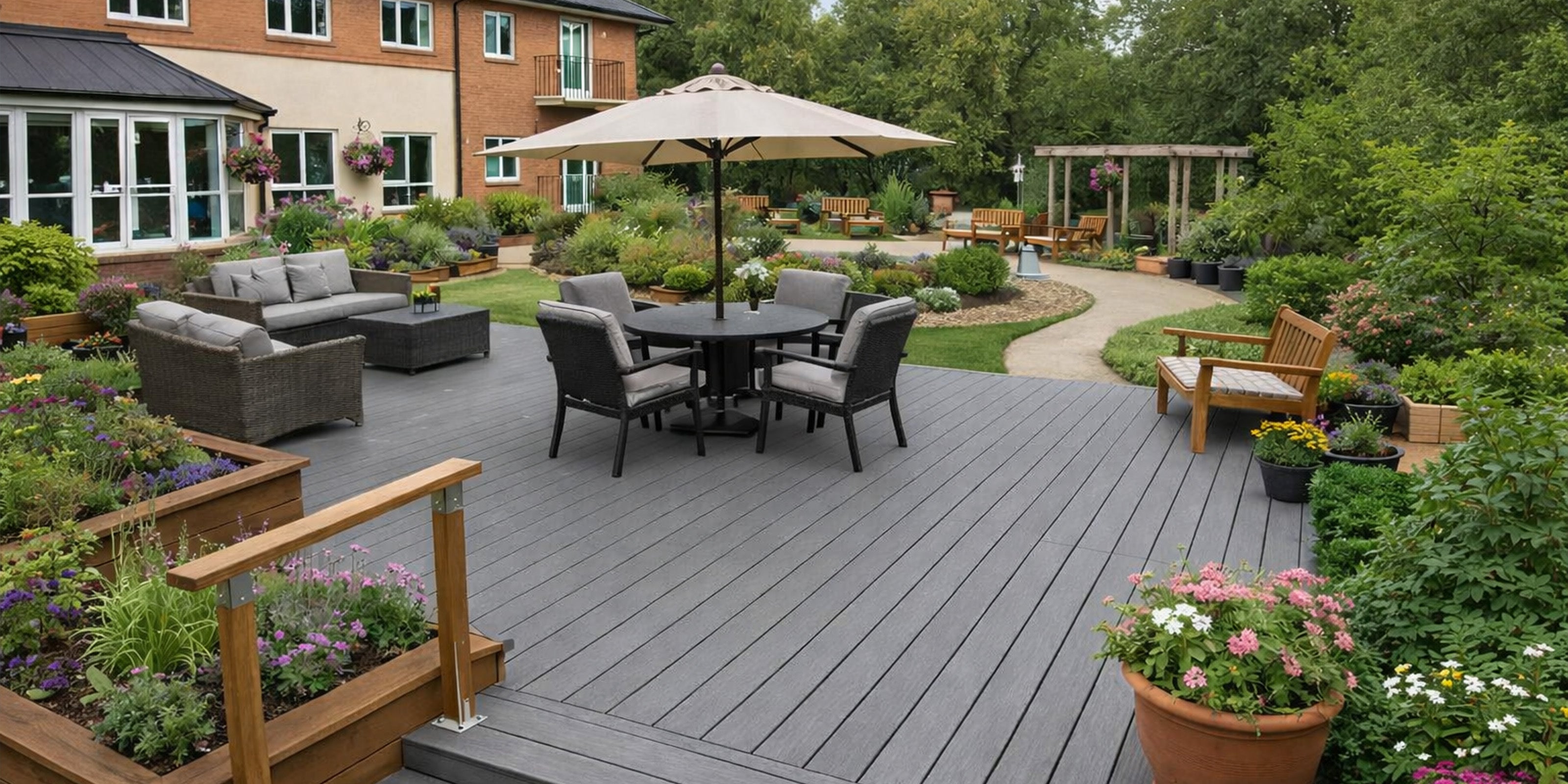 outdoor patio with furniture, umbrella, and garden plants on a composite deck