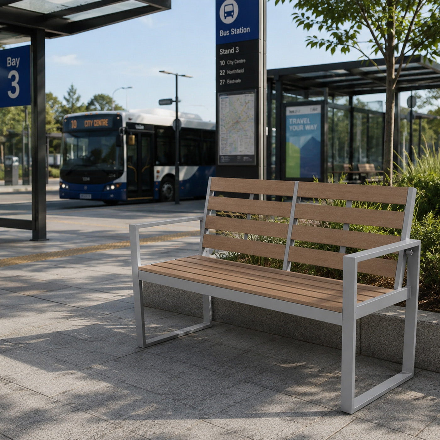 neotimber composite bench at a bus stop with a bus in the background
