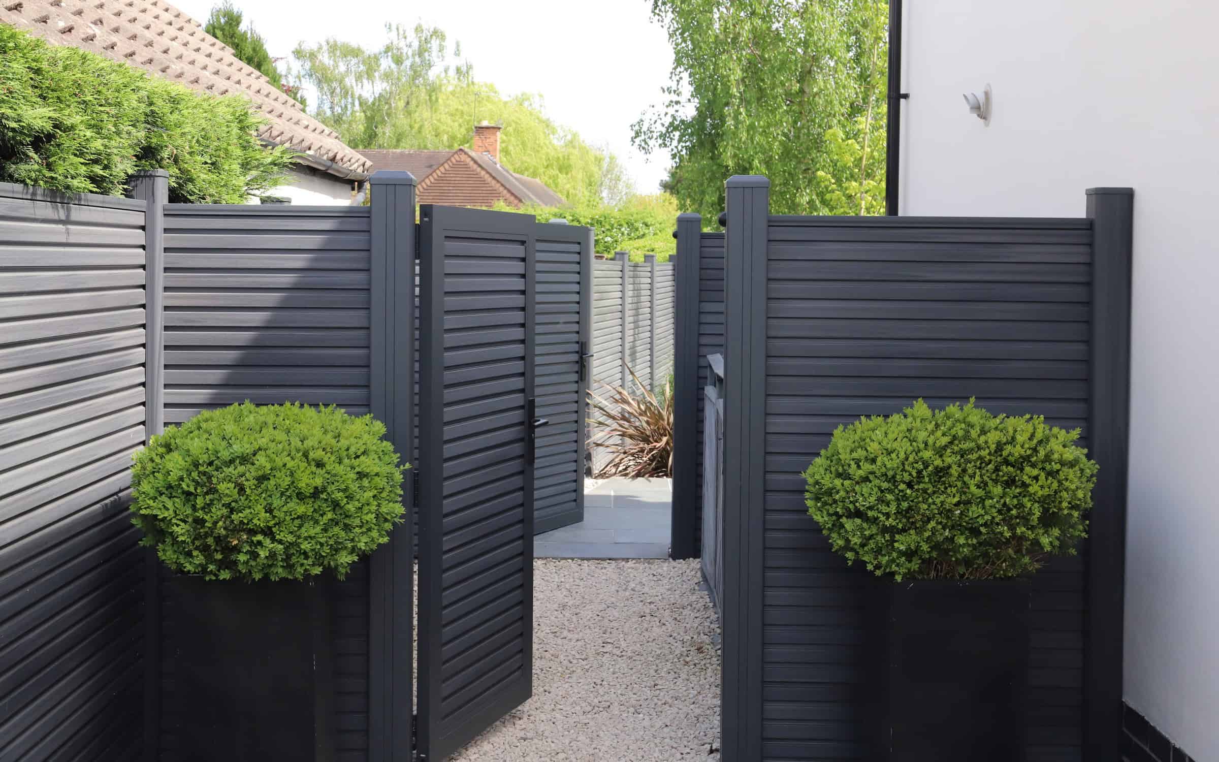 NeoTimber Grey Composite Fencing - Slatted gate lifestyle image